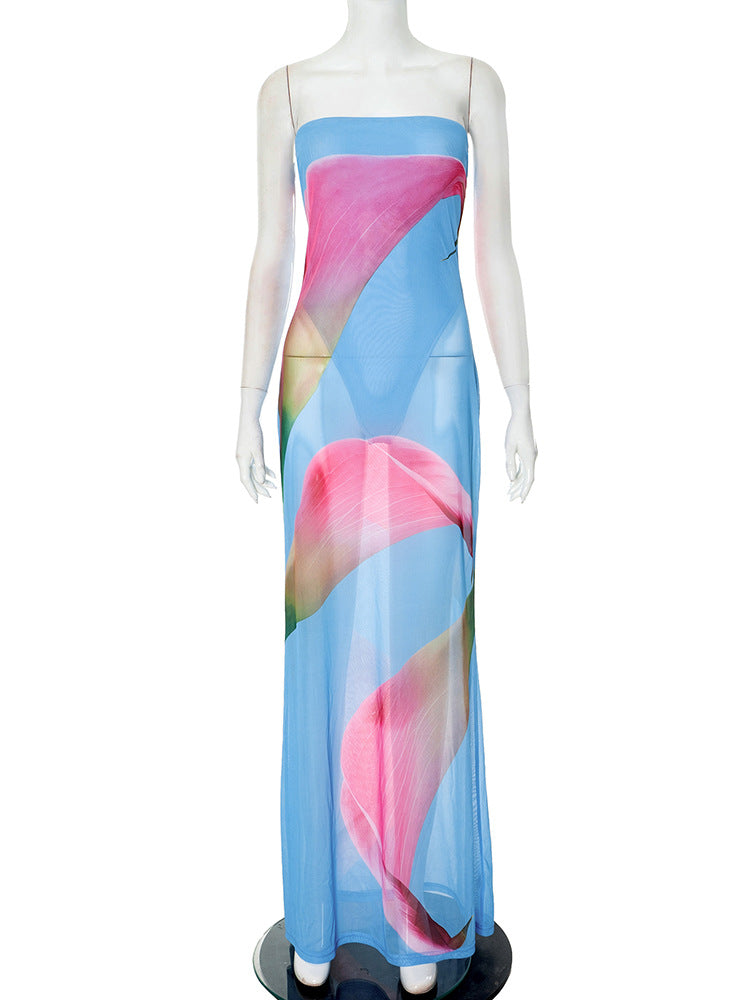 Robe longue tube en mousseline fleurie