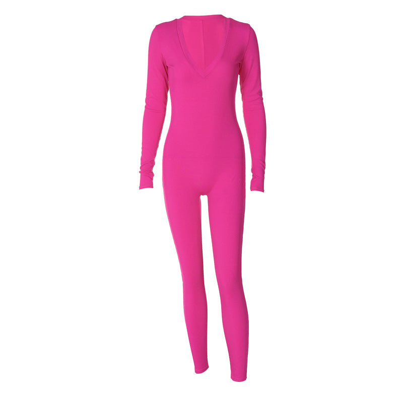 Solid Color Slim Fit Sports Long Sleeve Jumpsuit