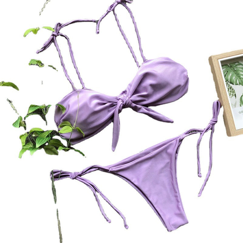 Costume da bagno bikini a tre punti viola brillante con fasciatura