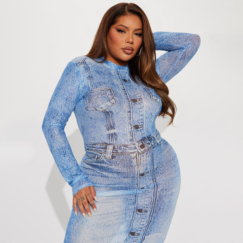 Abito stampato a maniche lunghe con vita media