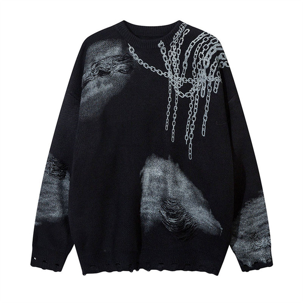 Inkjet Distressed Dirty Chain Round Neck Sweater