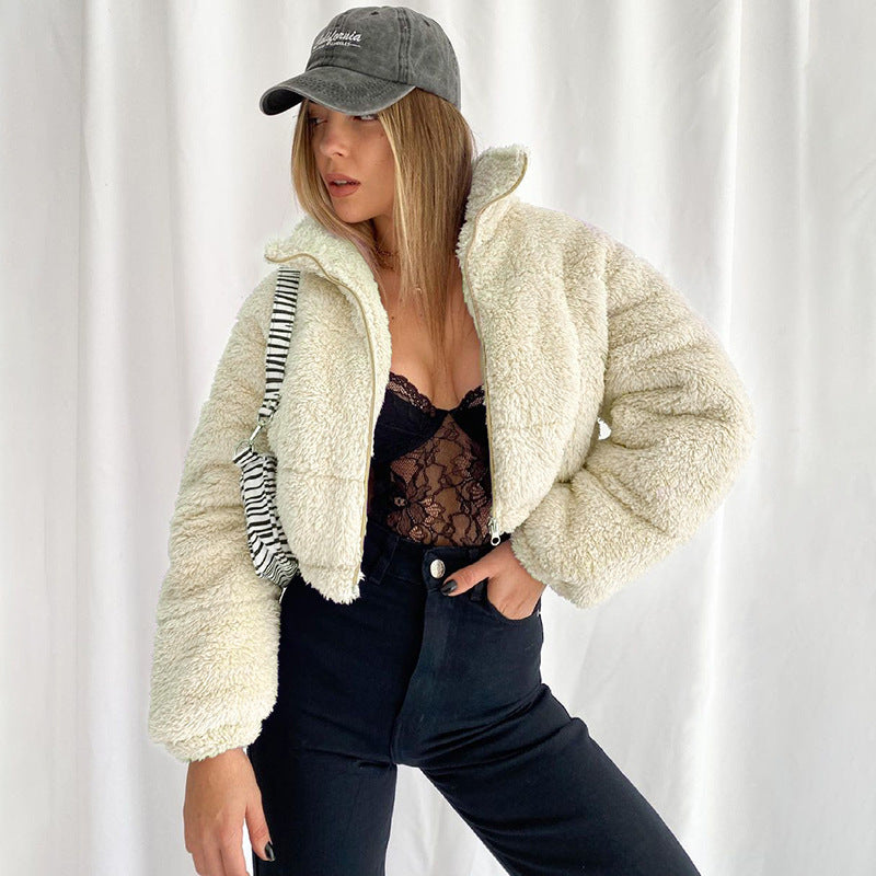 Solid Color Plush Padded Zipper Short Coat