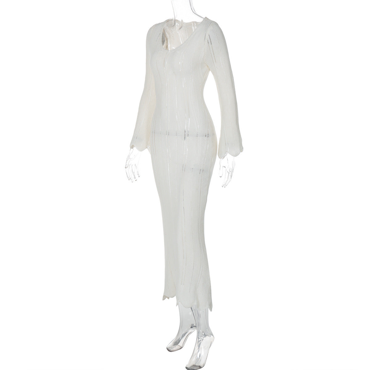 Robe en laine de couleur unie à manches longues et col en U, style tendance