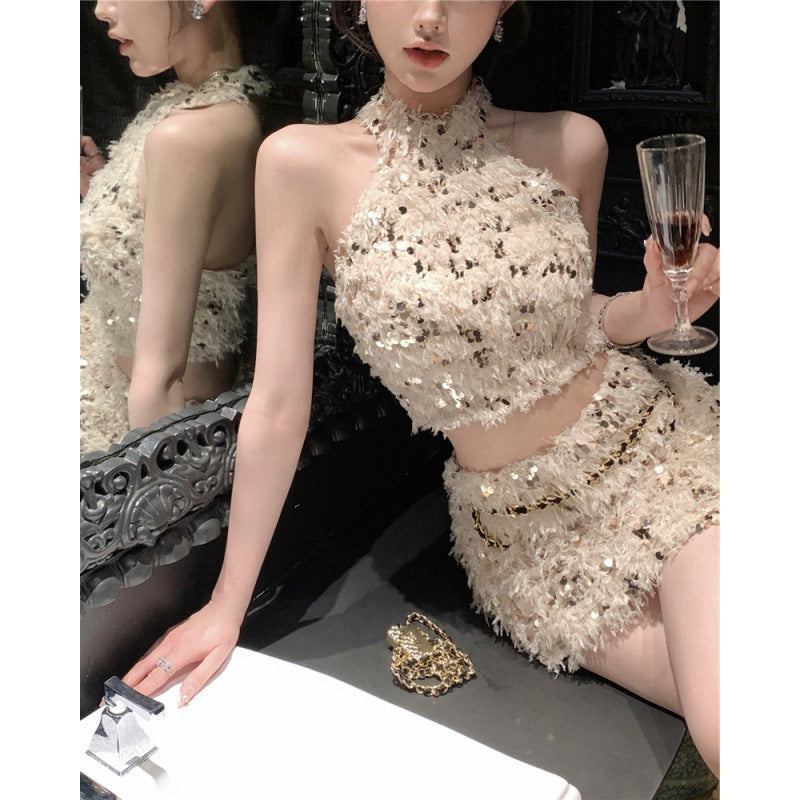 Sequined Tassel Halter Spaghetti Straps Vest Sheath Skirt