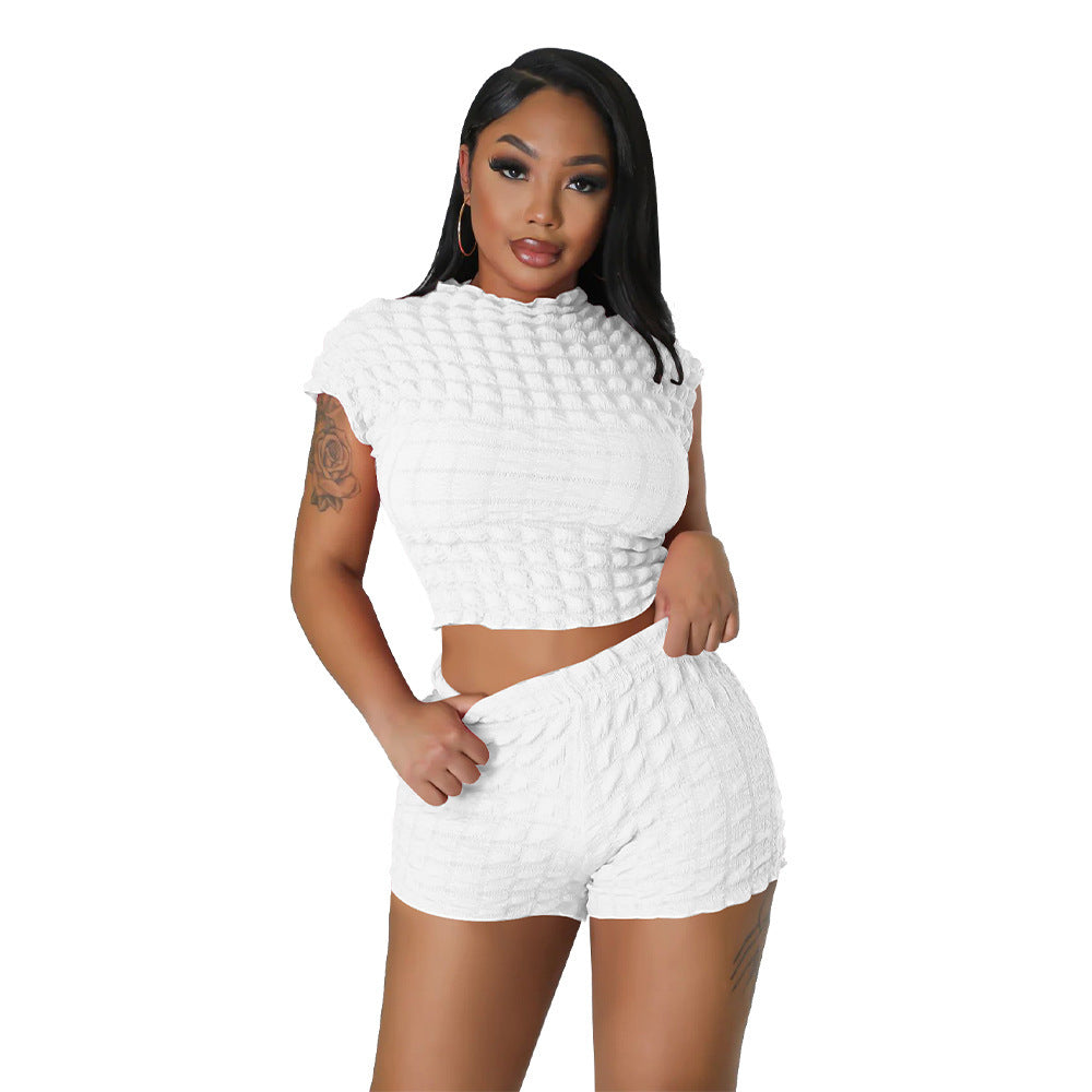 Clothing Hot Sleeveless Midriff-baring Shorts Popcorn Bubble Two-piece Set