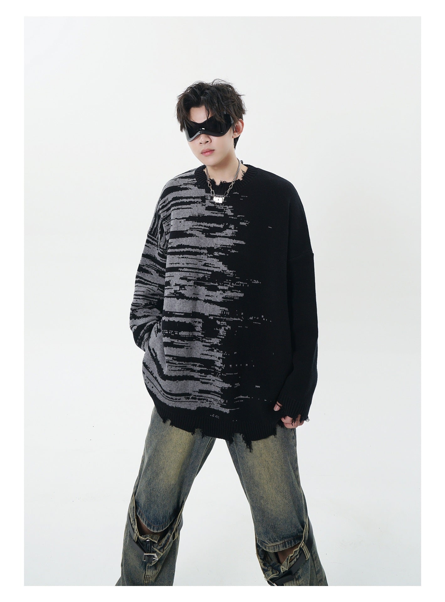 Zebra Pattern Color Matching Ripped Tassel Loose Round Neck Knitted Sweater