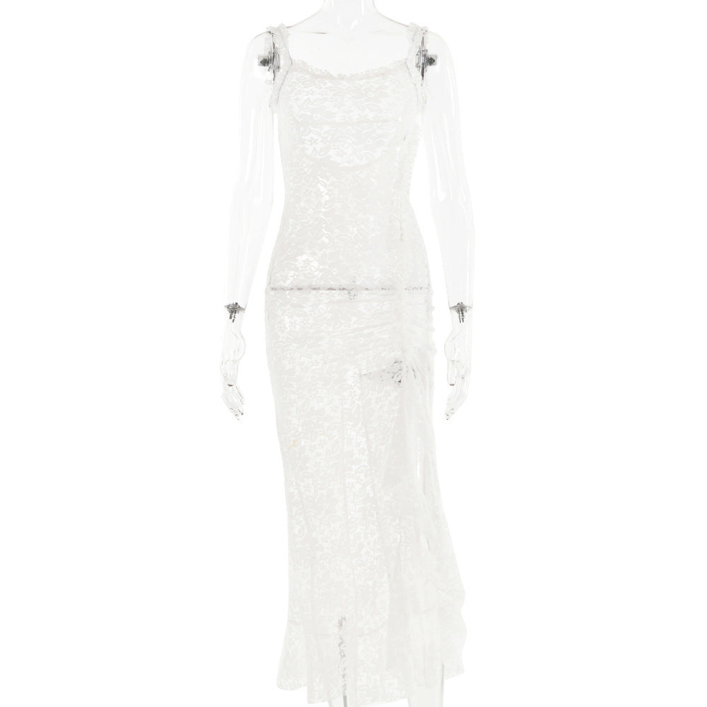 Abito alla moda con schiena scoperta e scollatura in pizzo