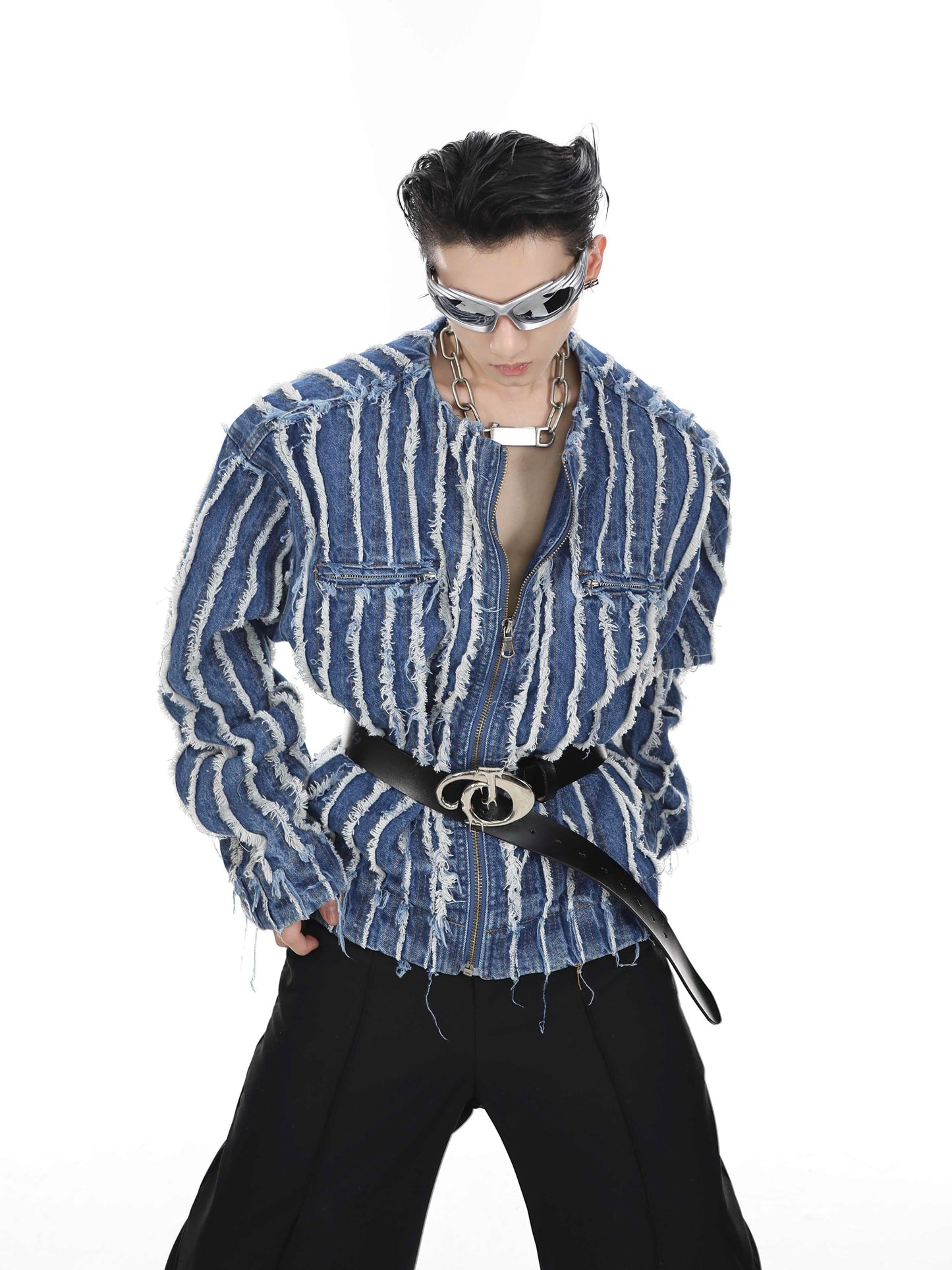 Three-dimensional Striped Tassel Denim Jacket Collarless Jacket Washed Top