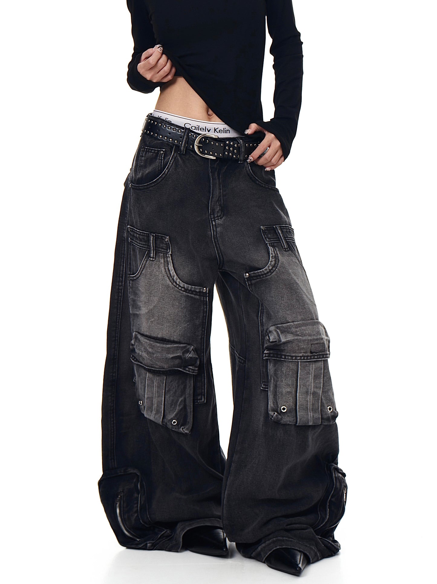 Retro Washed Distressed Multi-pocket Cargo Pants Loose Wide Leg Jeans