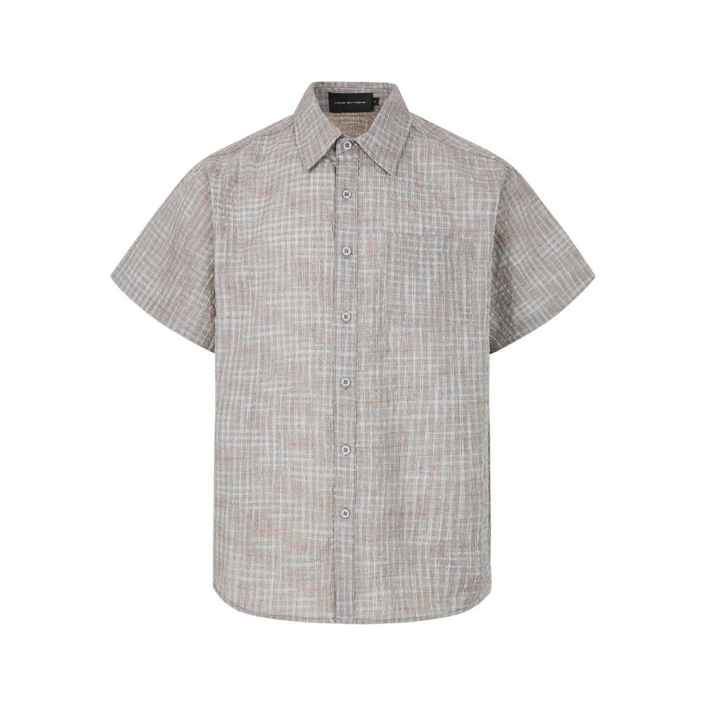 Plaid Seersucker Cross Yuke Loose Profile Short Sleeve Shirt Men's Summer