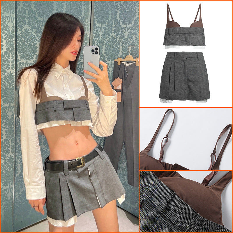 Three Piece Set Of Pleated Skirt With Suspenders