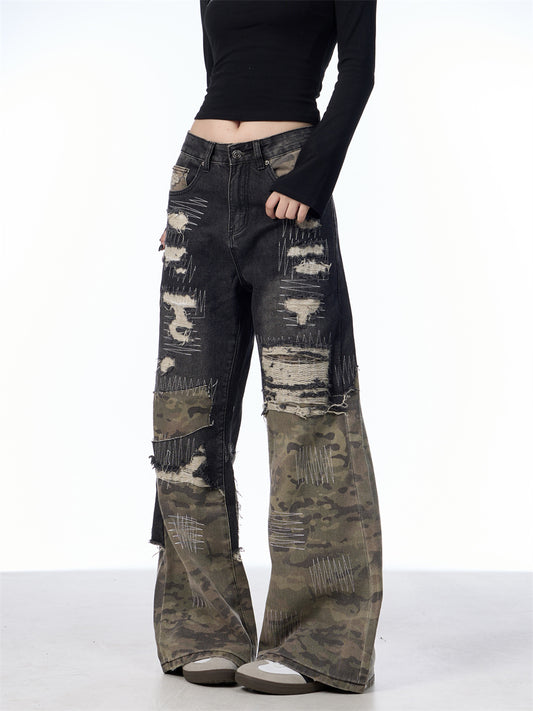 Pantalon camouflage à coutures apparentes, style streetwear américain