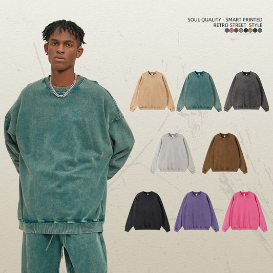 Waxed Heavy Round Neck Sweater Fashion Brand Pure Color Washed Retro Top