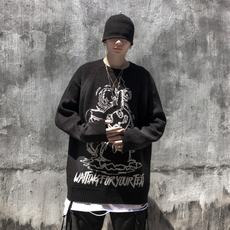 Pull épais brodé hip-hop à manches longues pour couple, automne et hiver