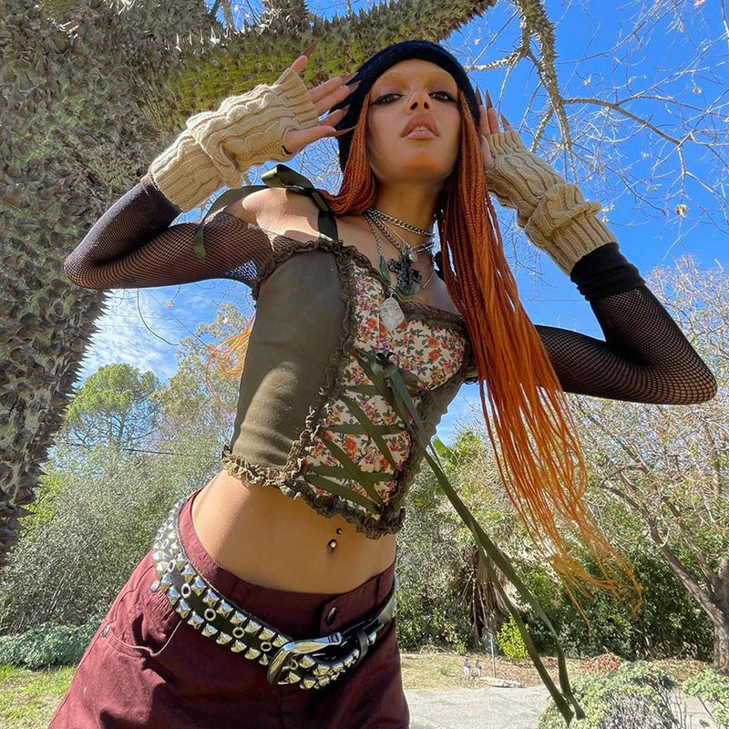 Women's Vintage Print Contrast Slim Fit Lace-Up Tank Top