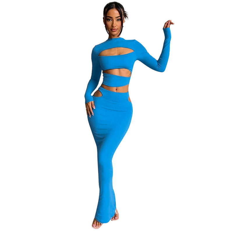 Gonna a maniche corte con foro di fiori in fiamme, nuova tinta unita, abito casual