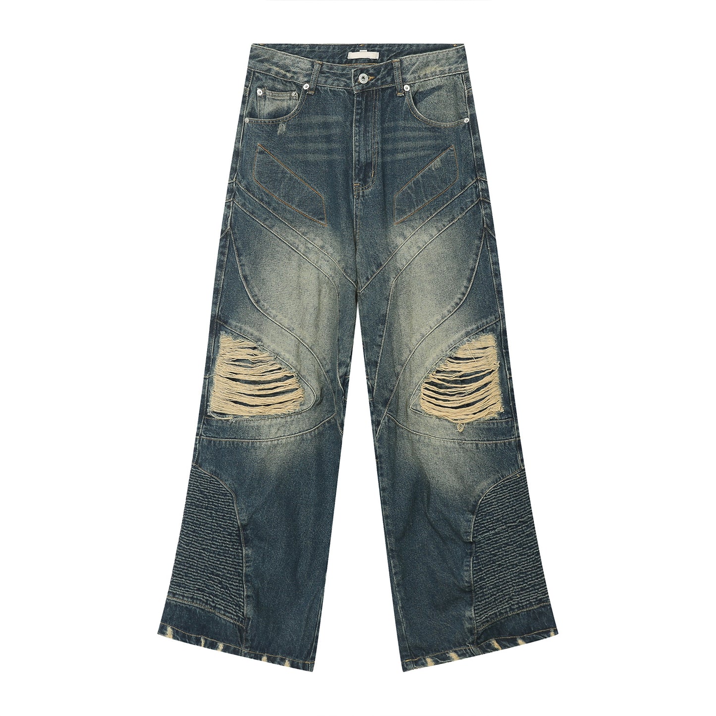 Loose Wide Leg Stitching Design Hip Hop Ripped Jeans