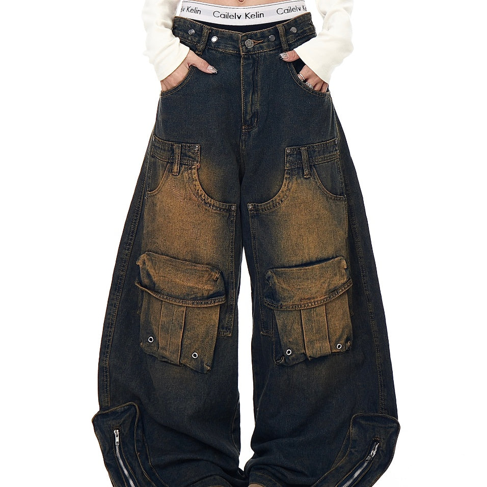 Retro Washed Distressed Multi-pocket Cargo Pants Loose Wide Leg Jeans