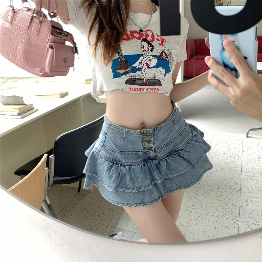 Jupe en jean rétro à volants pour femme