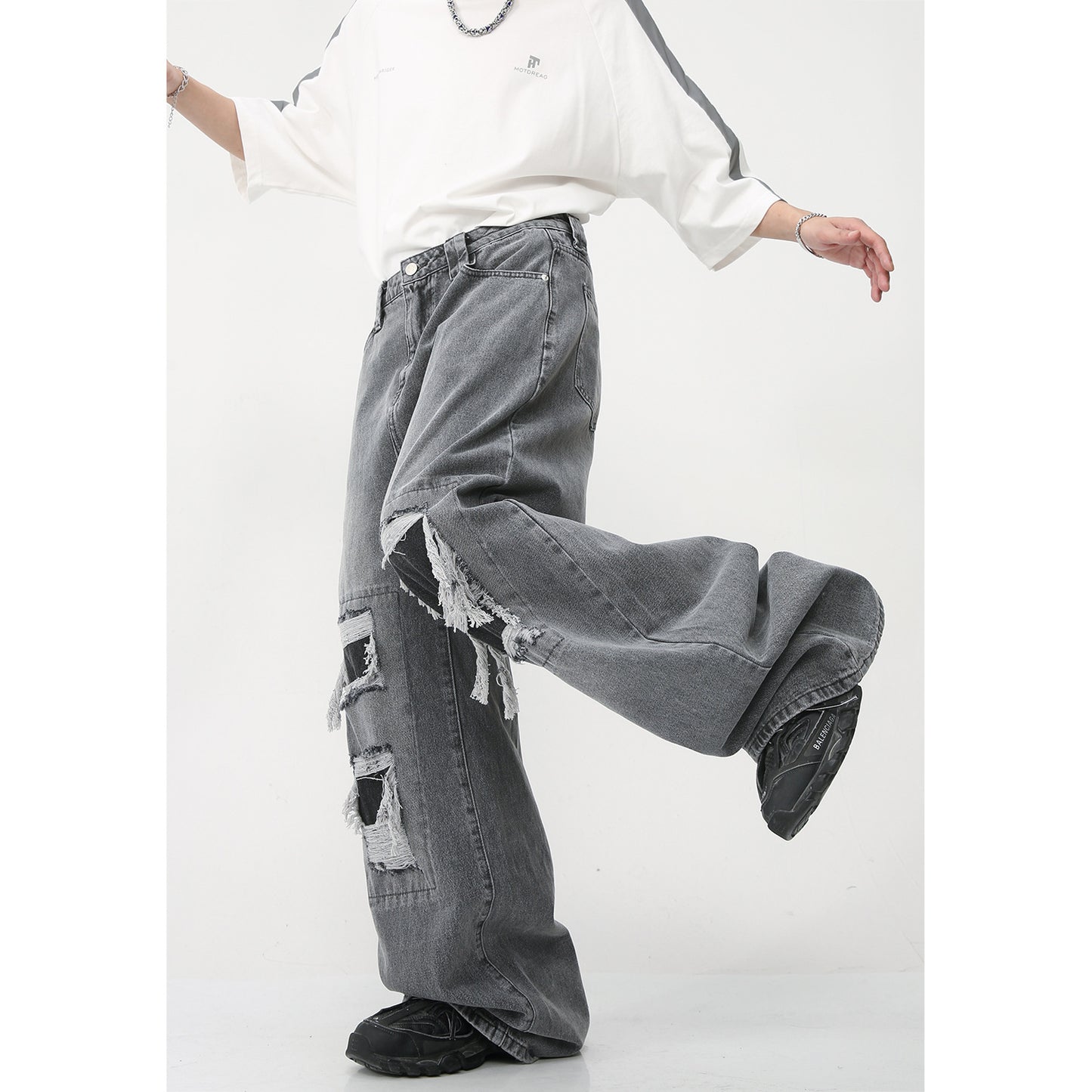 Nouveau jean ample à jambe large style américain High Street avec trous et patchs