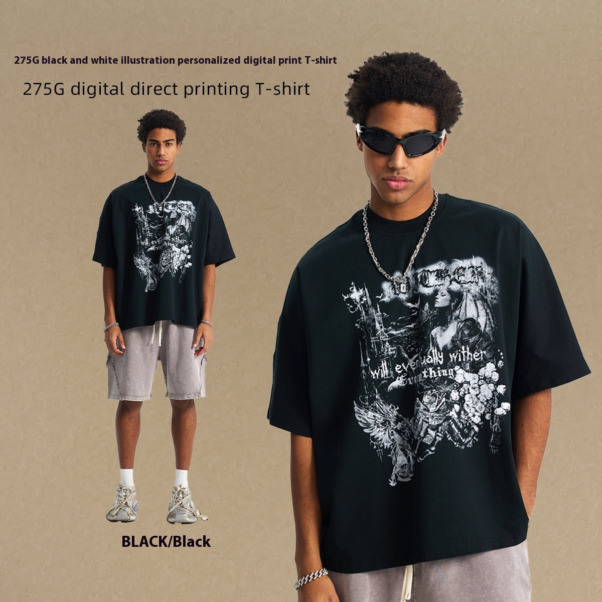 T-shirt imprimé personnalisé avec illustration en noir et blanc pour homme