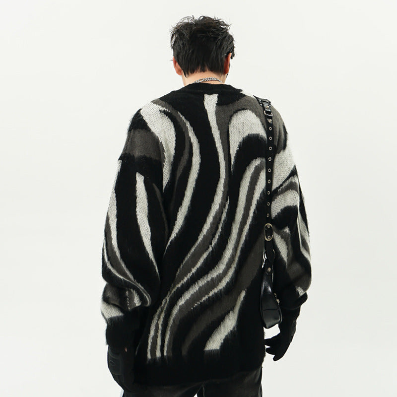 Zebra Pattern Hema Wool Round Neck Sweater Men Fashion Brands American Loose Casual Long Sleeves Top