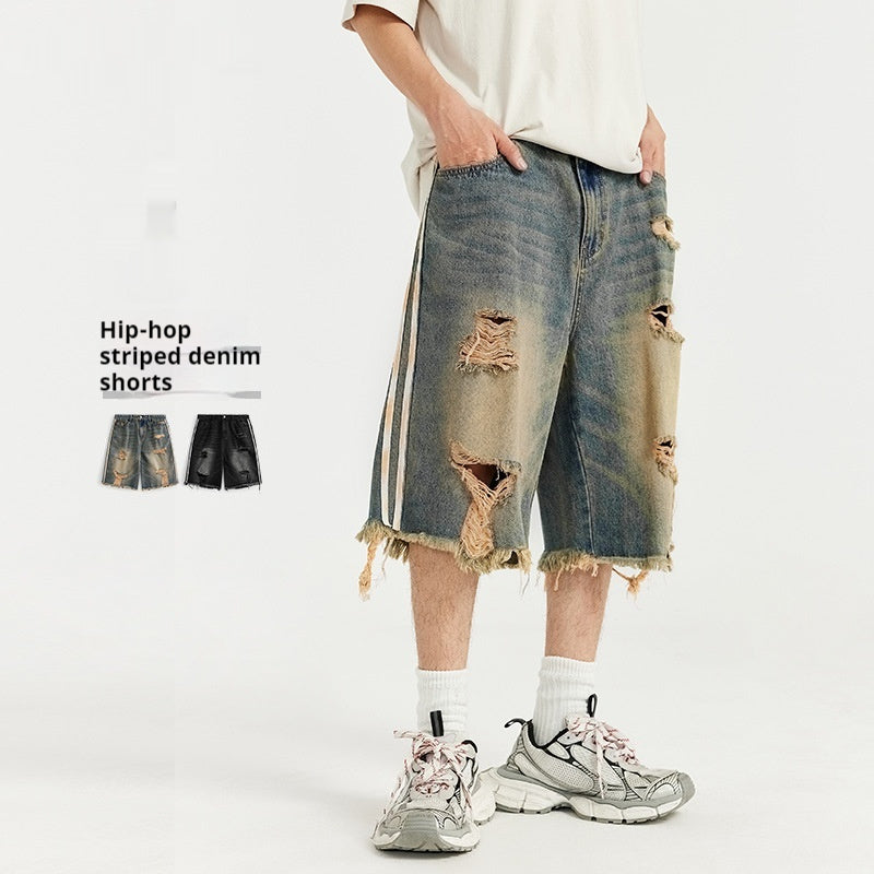 Men's Hip Hop Side Stripe Ripped Denim Shorts