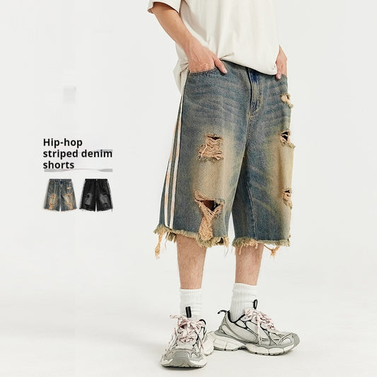 Men's Hip Hop Side Stripe Ripped Denim Shorts