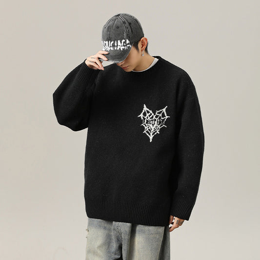 American Retro Hand-painted Jacquard Round Neck Sweater