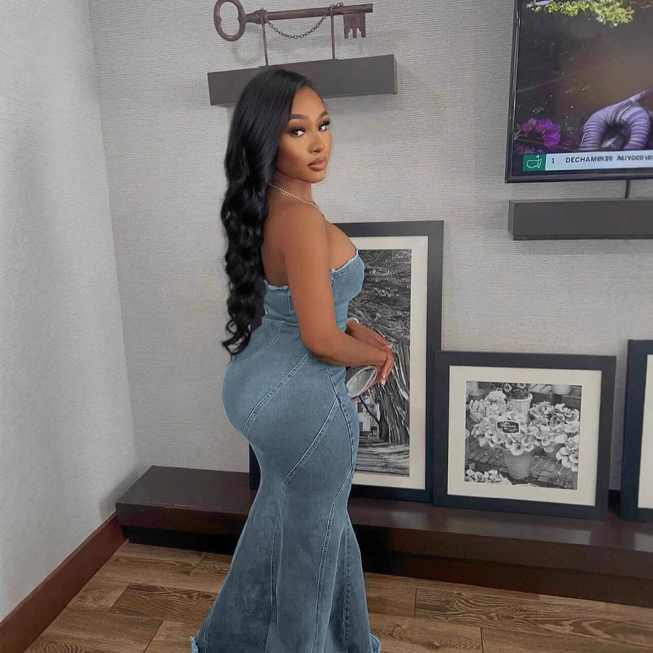 Fashion Slim-fit Chest Wrap Dress Fishtail Hip Wrap Denim Dress