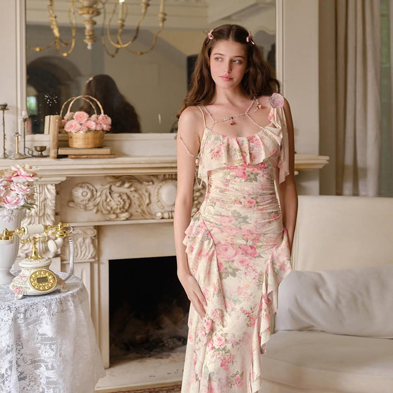 Fashion Sweet Printed Sleeveless Sling High Waist Slim Fit Dress