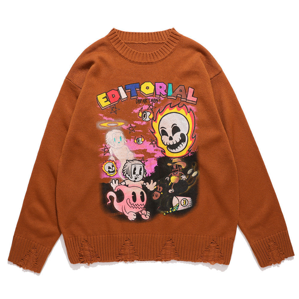 Cartoon Graffiti Printed Sweater Men's Loose Round Neck Sweater