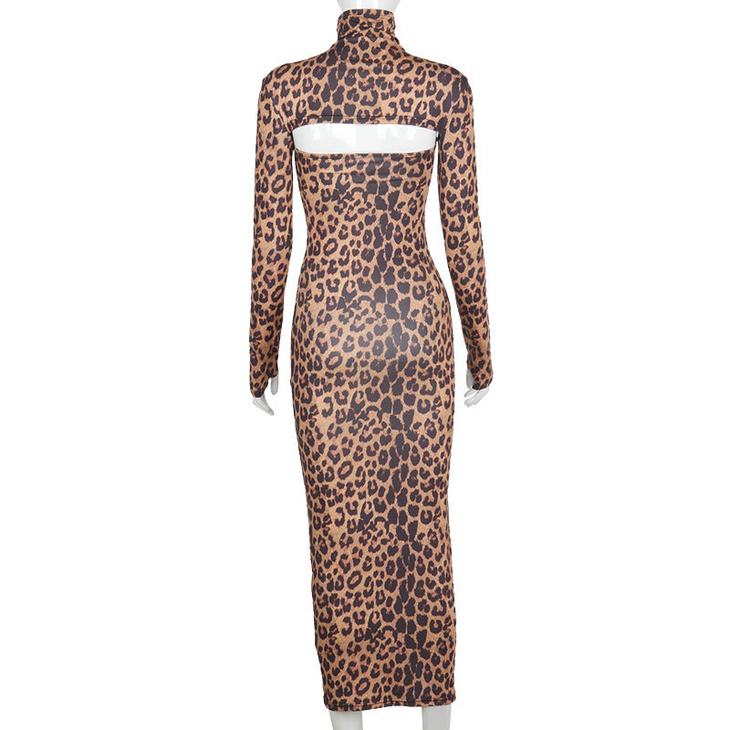 Long-sleeved High-neck Hollow Leopard-print Wrap-chest Skirt