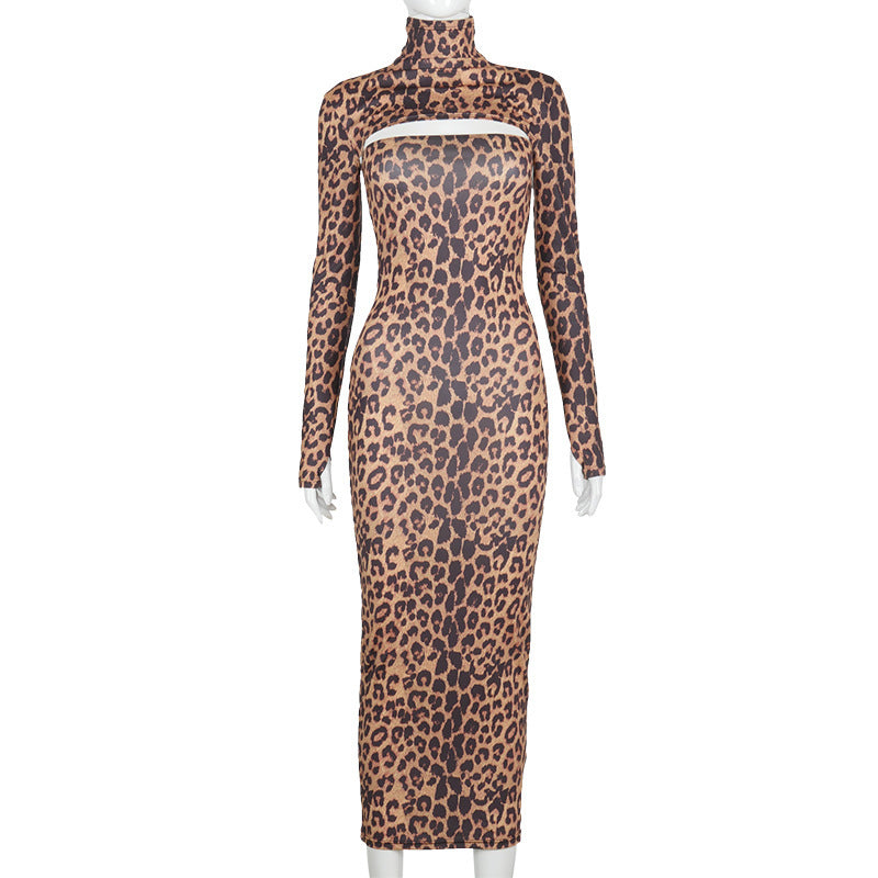 Long-sleeved High-neck Hollow Leopard-print Wrap-chest Skirt