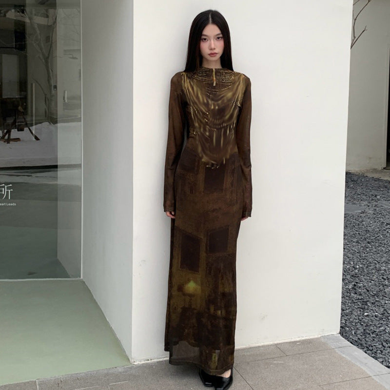 Retro Fitted Waist Slimming Long-Sleeve Dress For Women