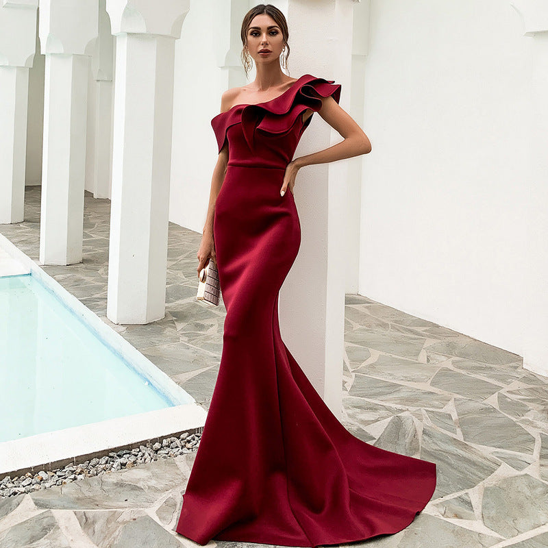 Sexy One Shoulder Ruffles Evening Party Dress Solid Color Celebrity Maxi Dress Slash Neck W