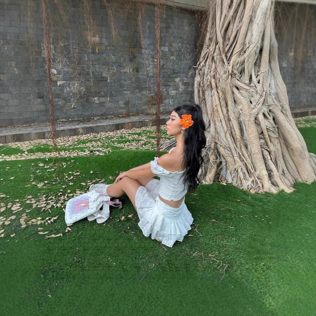 Womens Puff-Sleeve Top And Ruffle Hem Skirt Two-Piece Set