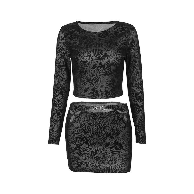 Elegant Slim-fit Printed Flocking Long-sleeve Suit