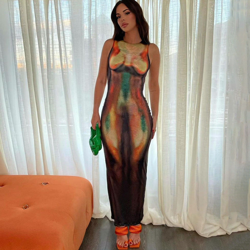 Summer New Fashion Printed Slim Round Neck Sleeveless Dress