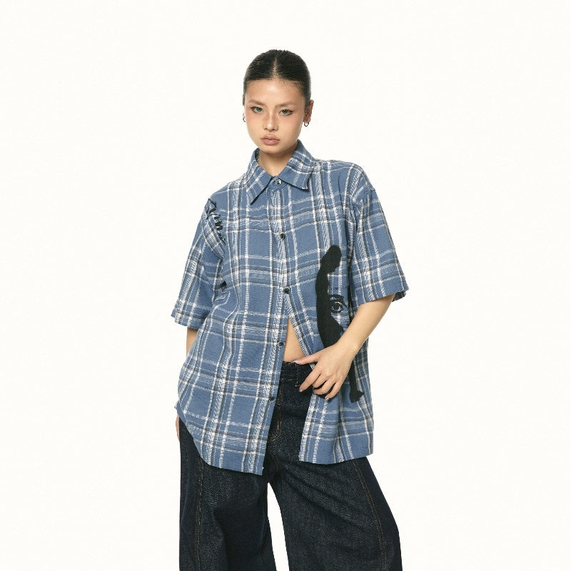 Nouvelle chemise ample à manches courtes à carreaux bleus