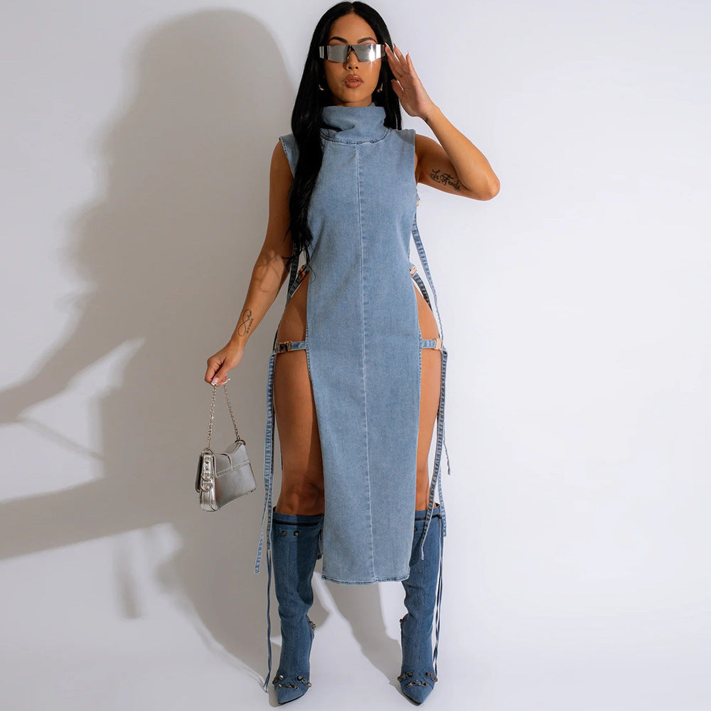 Denim Washed High Collar Dress Women