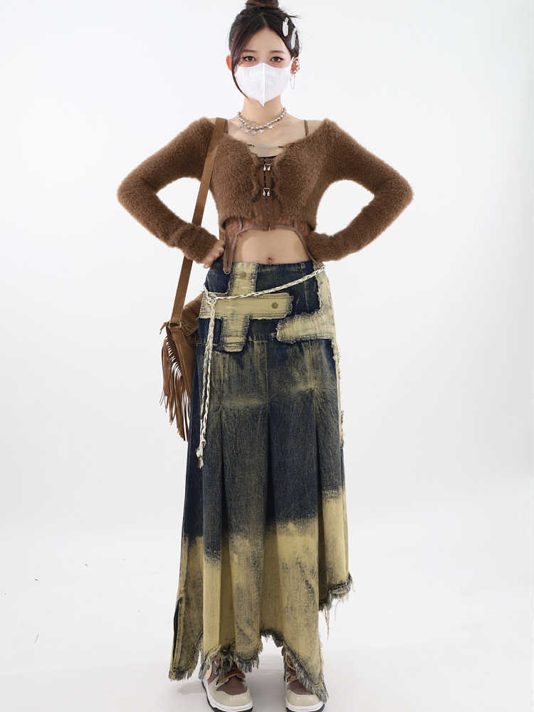 Irregular Patch Distressed Raw Edge Denim Skirt