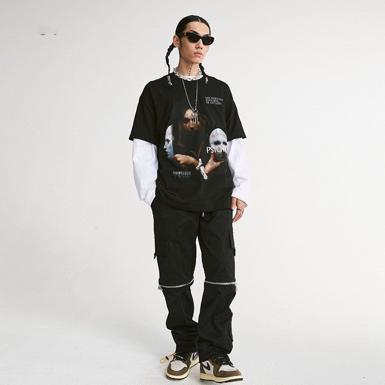 Personalized Dark Mask Print Top High Street Retro Lazy Style Short Sleeves