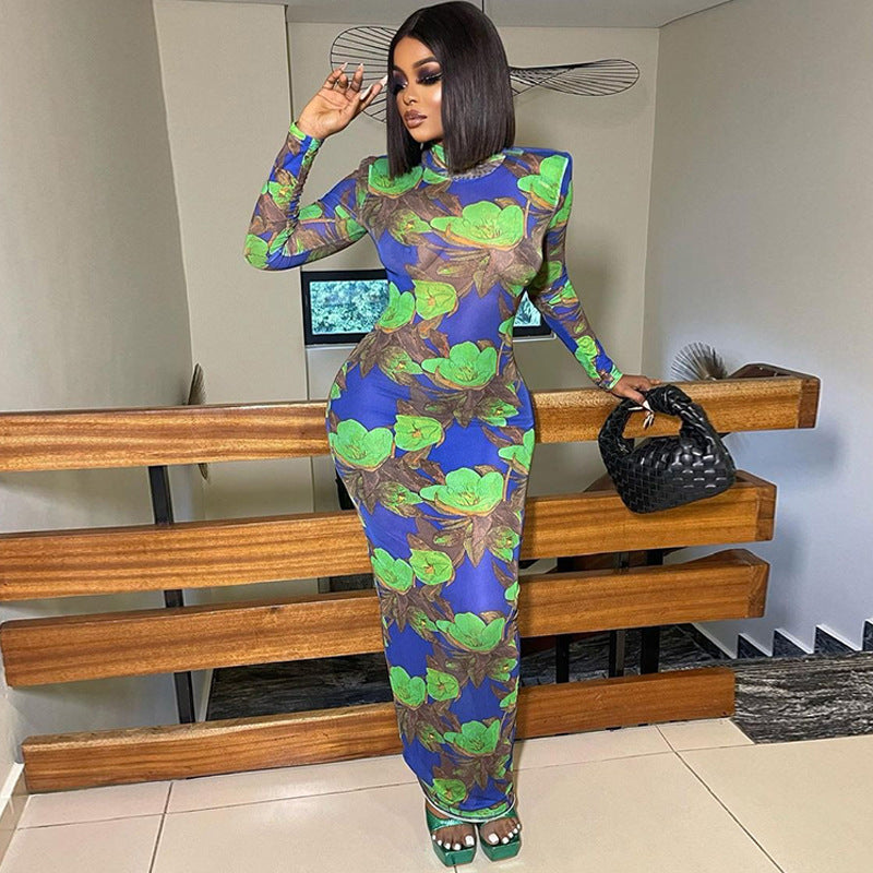 Nouvelle robe à manches longues en maille à imprimé floral