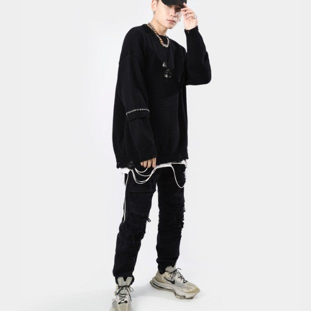 Pull col rond en laine brodée ample