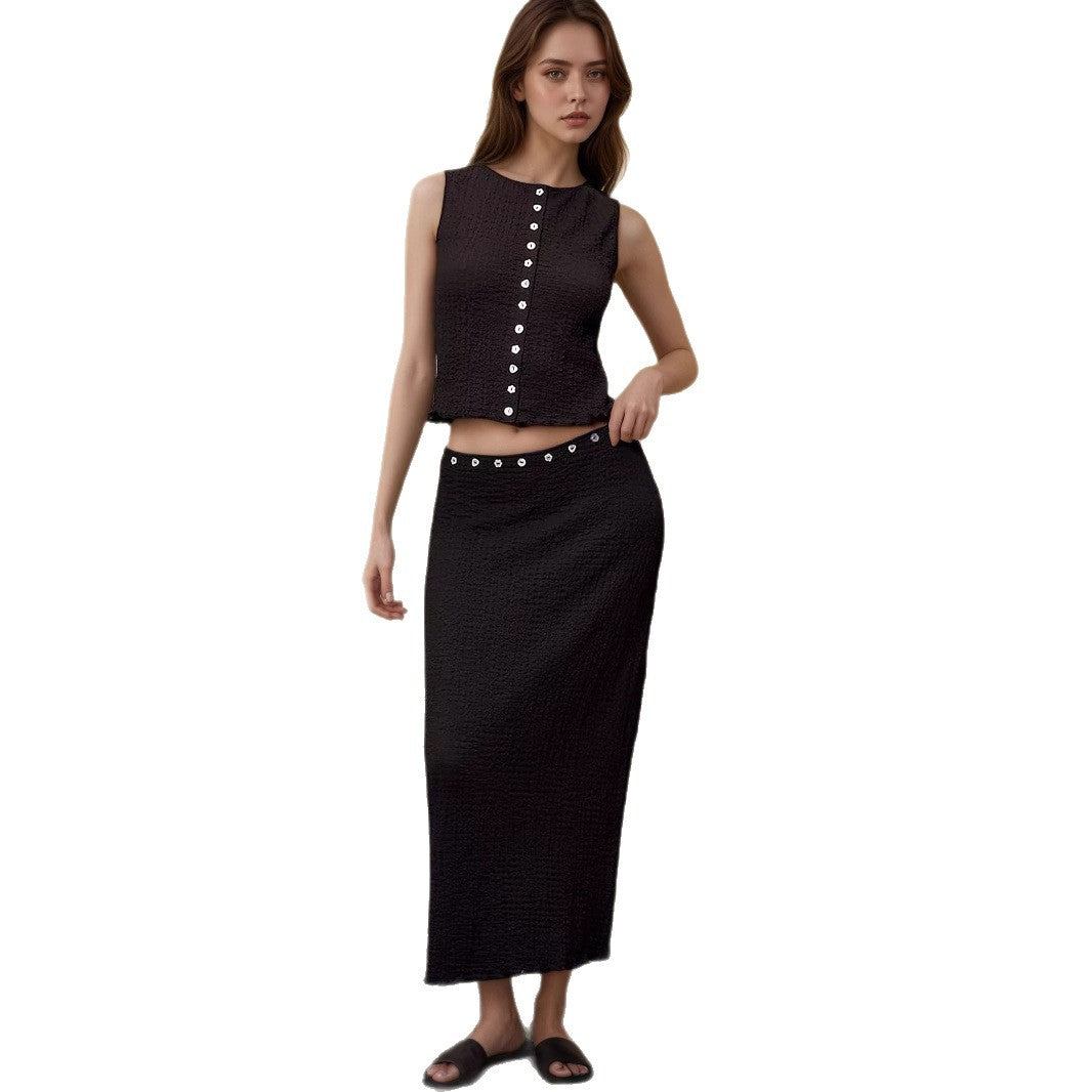 Fashion Sleeveless Top Knitted Long Skirt Ladies Suit