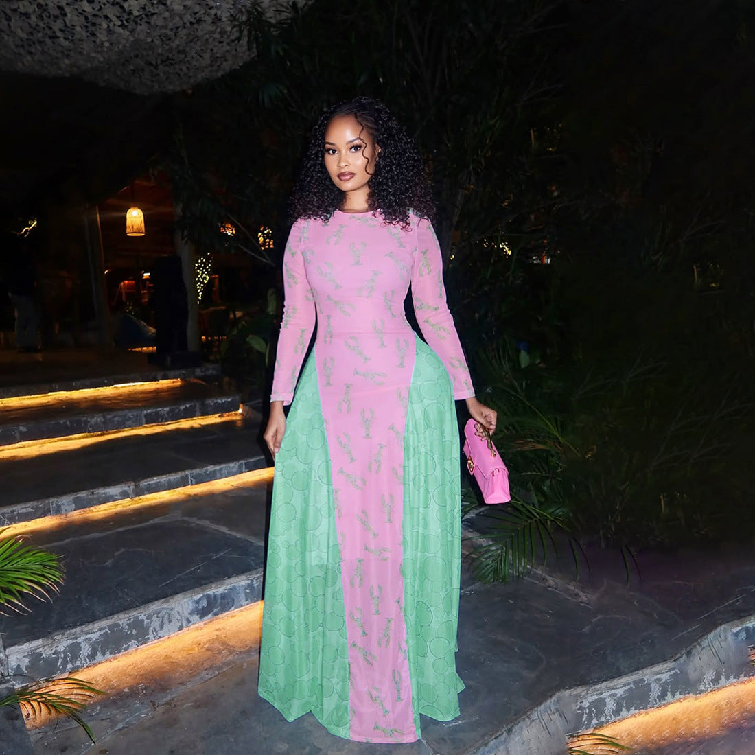 Creative 3D Digital Printed Mesh Color Contrast Patchwork Long Sleeve Dress