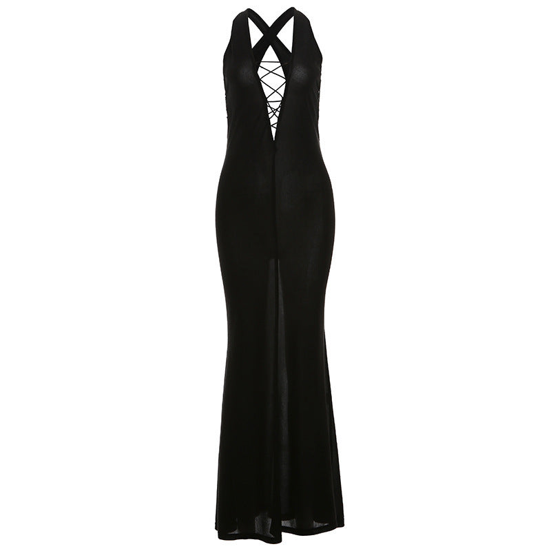 Robe tendance couleur unie, décolleté en V profond, dos nu, sexy, taille haute, sac banane