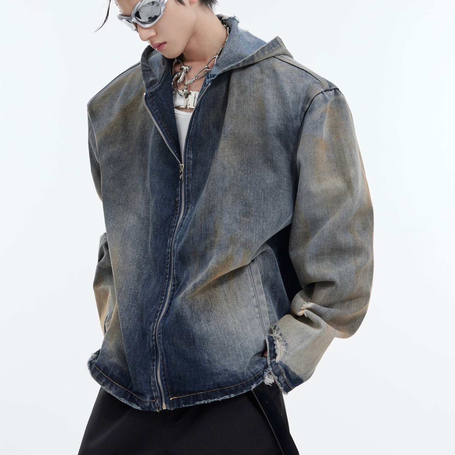 Design Sense Padded Shoulder Heavy Retro Distressed Hooded Denim Jacket