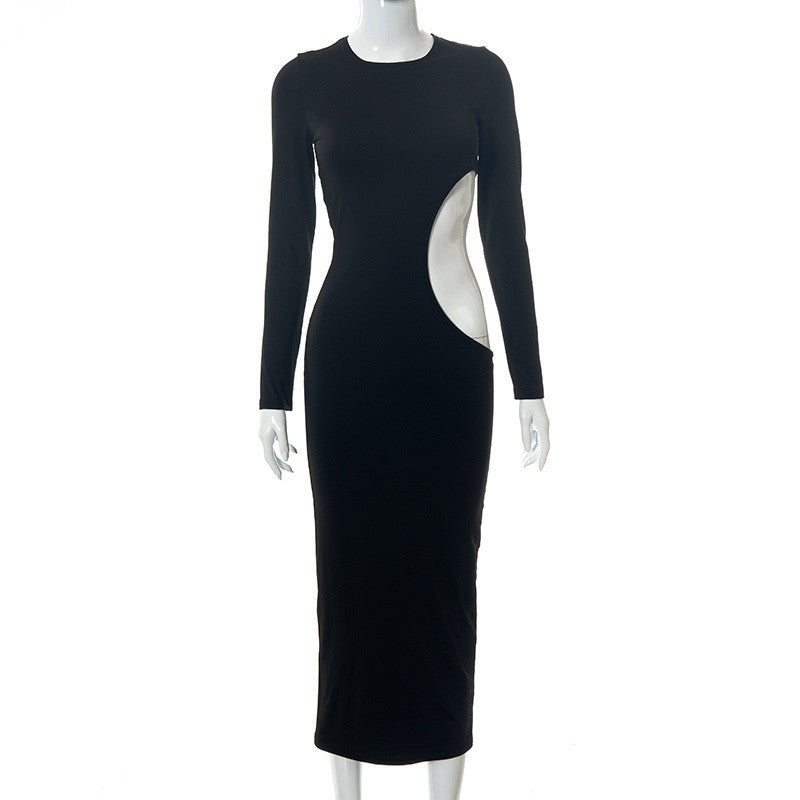 Solid Color Long Sleeve O Neck Hollow Dress